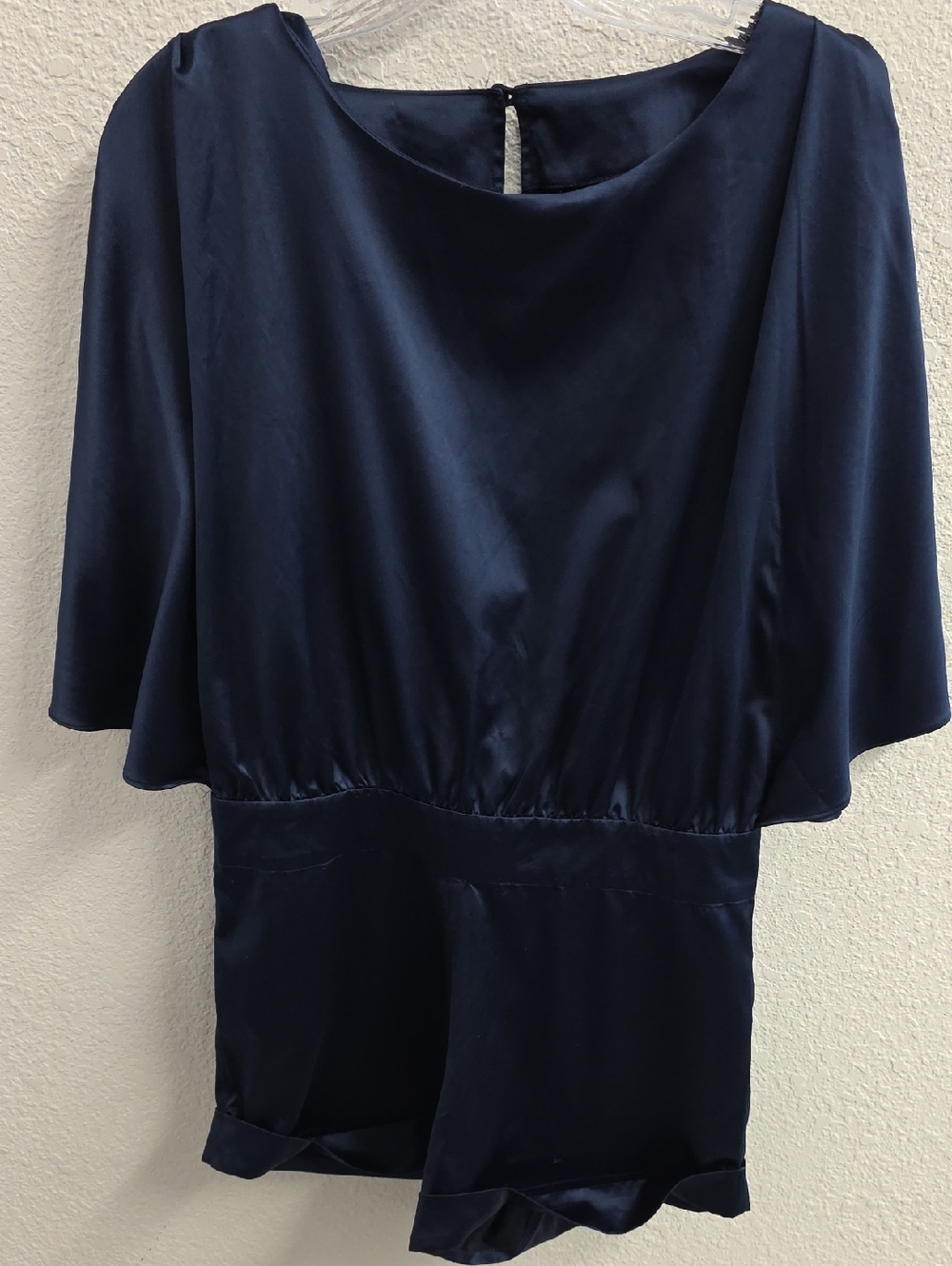 Blue Satin Draped  Sleeve Cocktail Party Shorts Romper